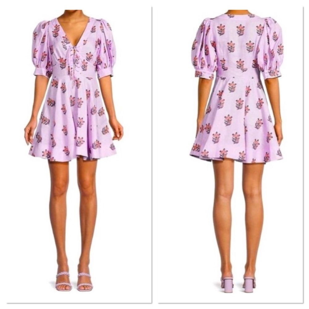 House of Harlow 1960 Womens Floral Puff Sleeve V Neck A Line Dress Purple Size 4